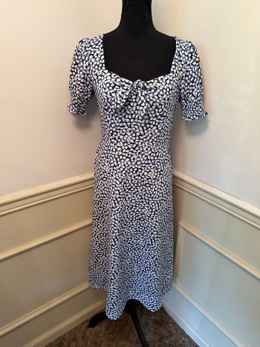 Draper James Patsy Midi Dress Blue White Square Geo Puff Sleeve Tie Front